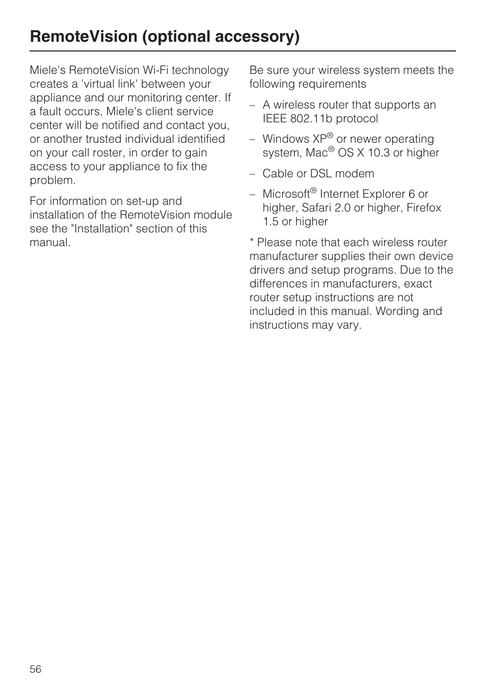 Remotevision (optional accessory) 56, Remotevision (optional accessory) | Miele KWT1611SF User Manual | Page 56 / 60