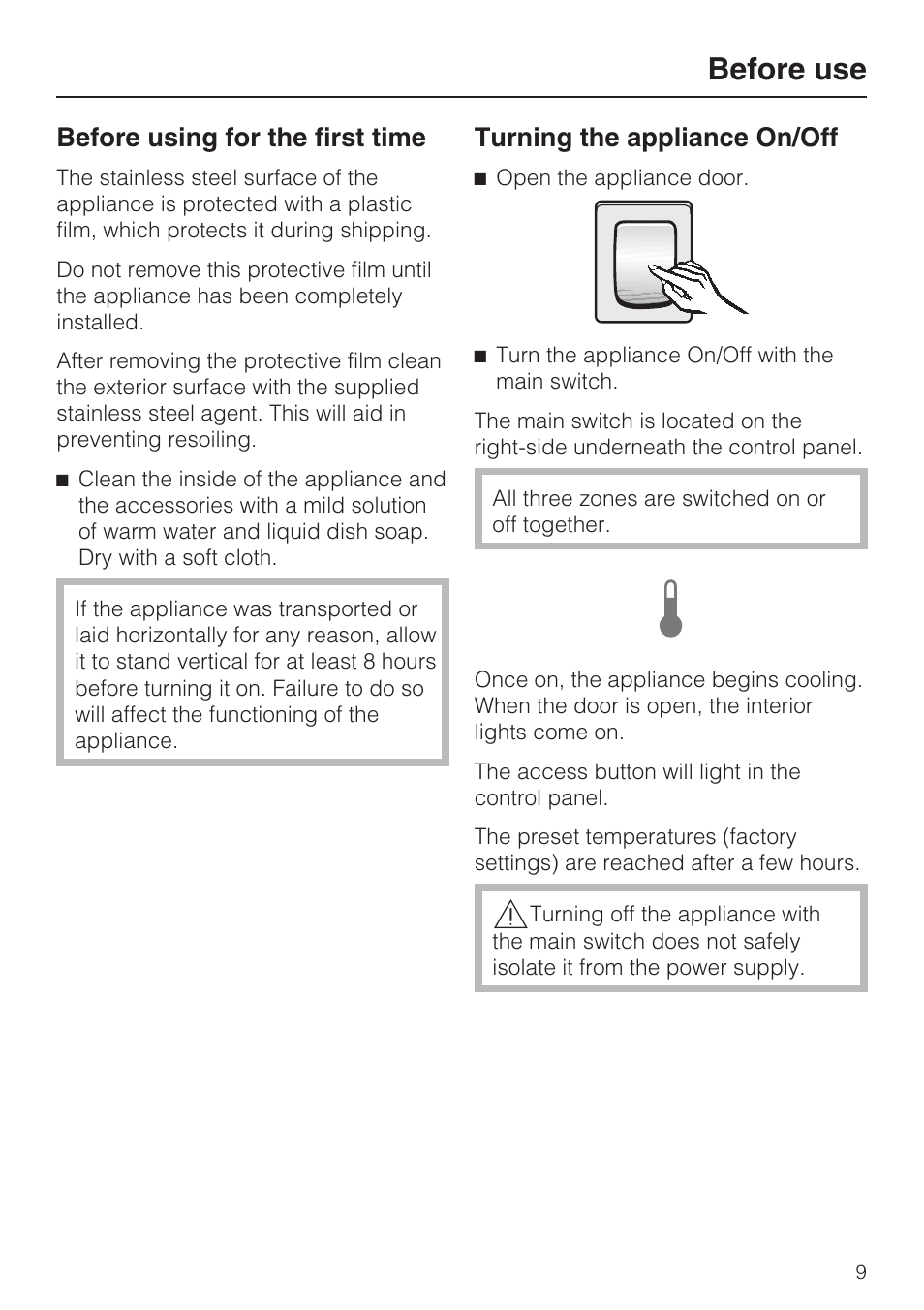 Before use 9, Before using for the first time 9, Turning the appliance on/off 9 | Before use, Before using for the first time, Turning the appliance on/off | Miele KWT1611SF User Manual | Page 9 / 60