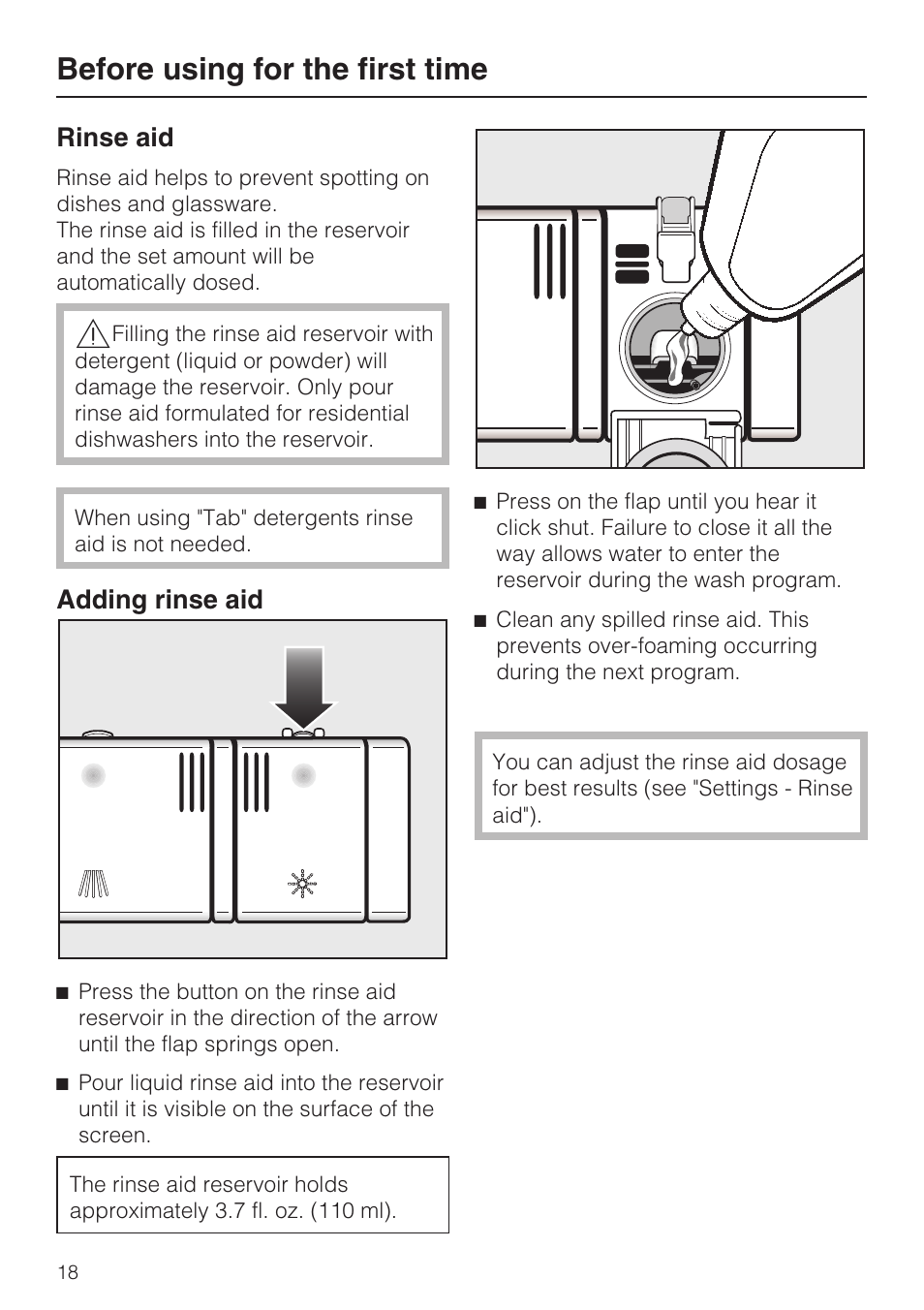 Rinse aid 18, Adding rinse aid 18, Before using for the first time | Rinse aid, Adding rinse aid | Miele G 5795 User Manual | Page 18 / 84