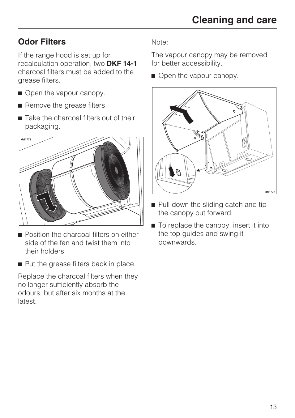 Odor filters 13, Cleaning and care, Odor filters | Miele DA 188 User Manual | Page 13 / 28