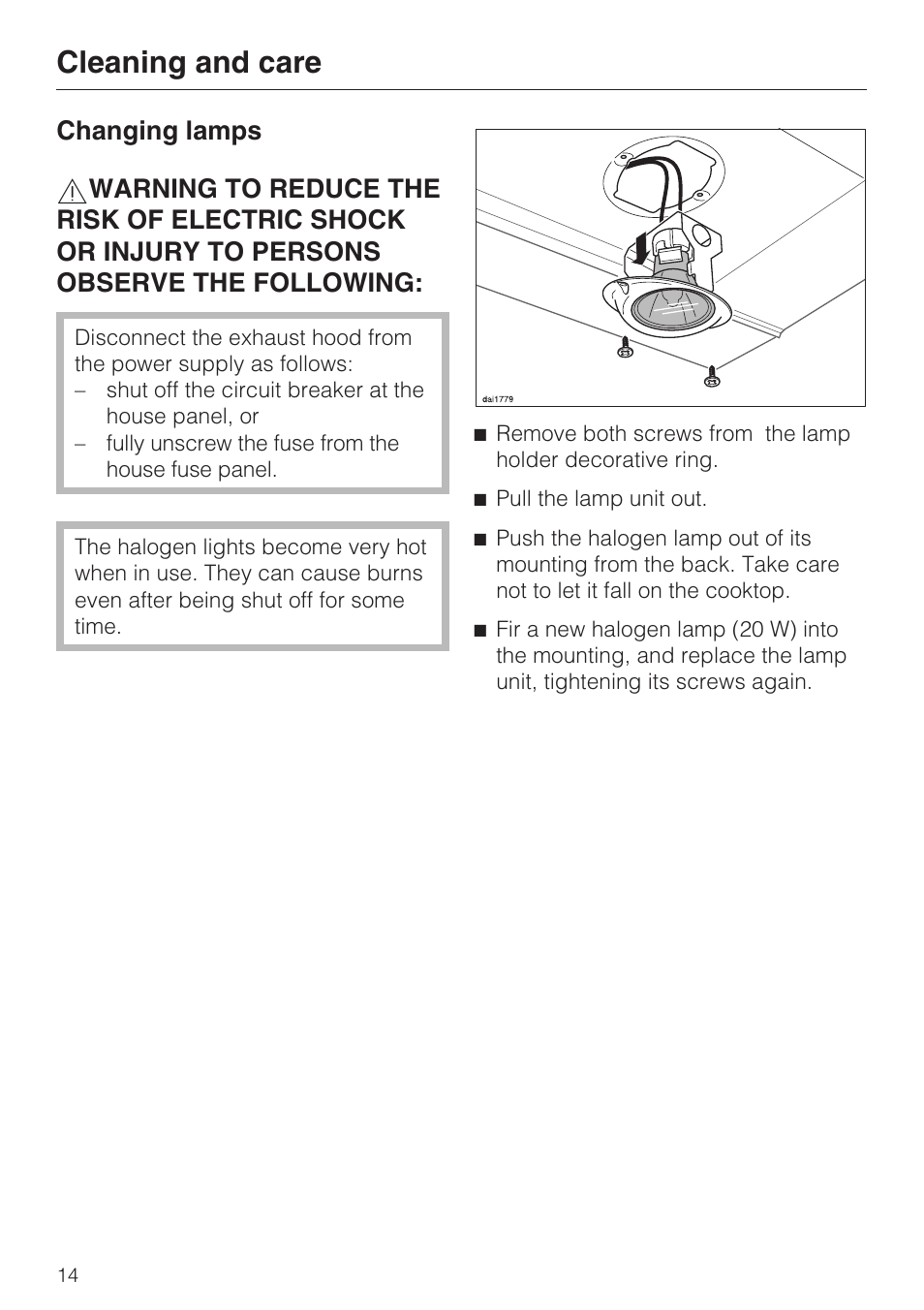 Changing lamps 14, Cleaning and care | Miele DA 188 User Manual | Page 14 / 28