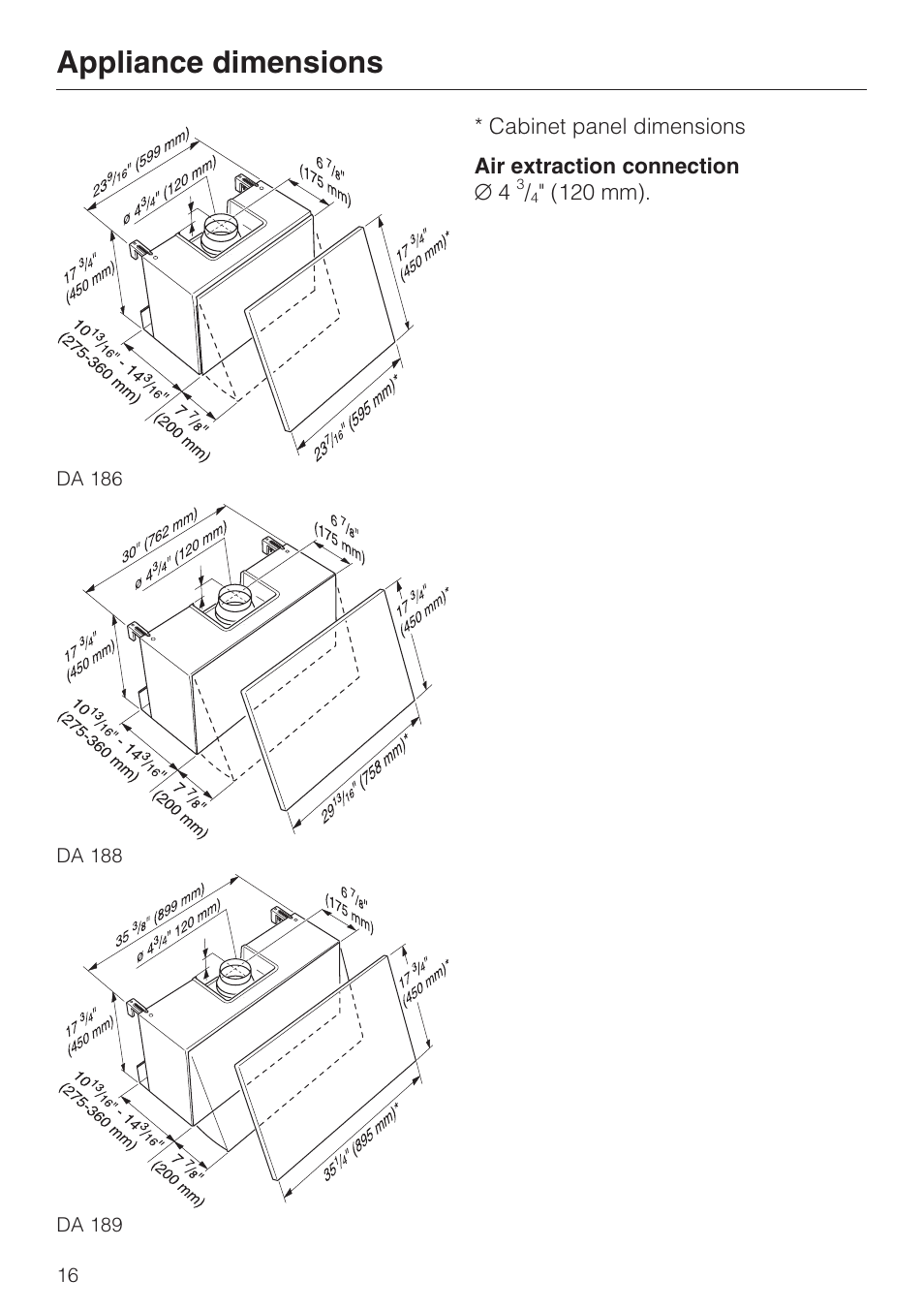 Appliance dimensions 16, Appliance dimensions | Miele DA 188 User Manual | Page 16 / 28