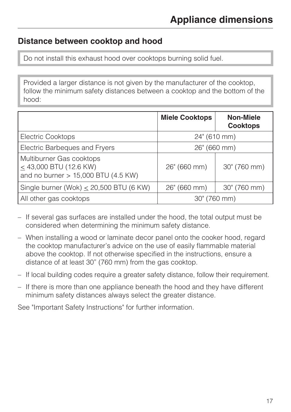 Distance between cooktop and hood 17, Appliance dimensions, Distance between cooktop and hood | Miele DA 188 User Manual | Page 17 / 28