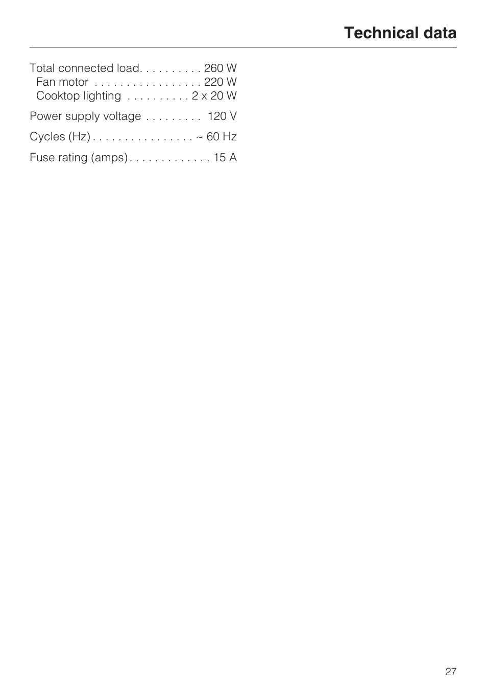 Technical data 27, Technical data | Miele DA 188 User Manual | Page 27 / 28