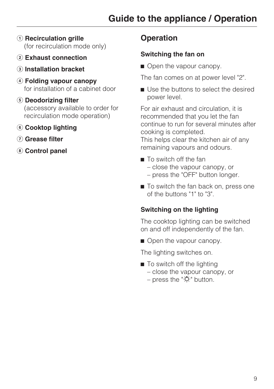 Operation 9, Guide to the appliance / operation, Operation | Miele DA 188 User Manual | Page 9 / 28