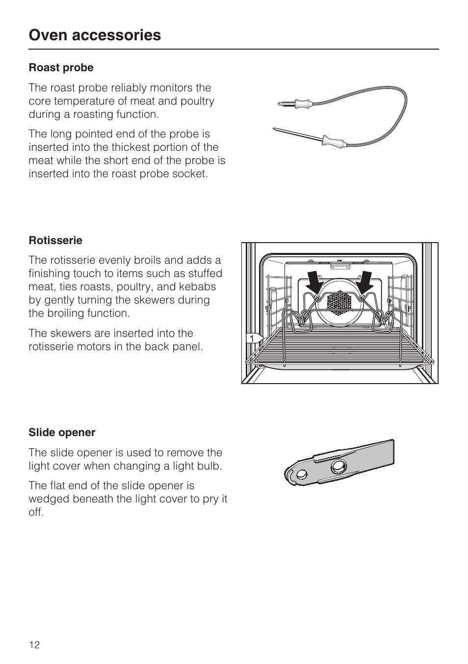Roast probe 12, Rotisserie 12, Slide opener 12 | Oven accessories | Miele H 4894 BP2 User Manual | Page 12 / 80