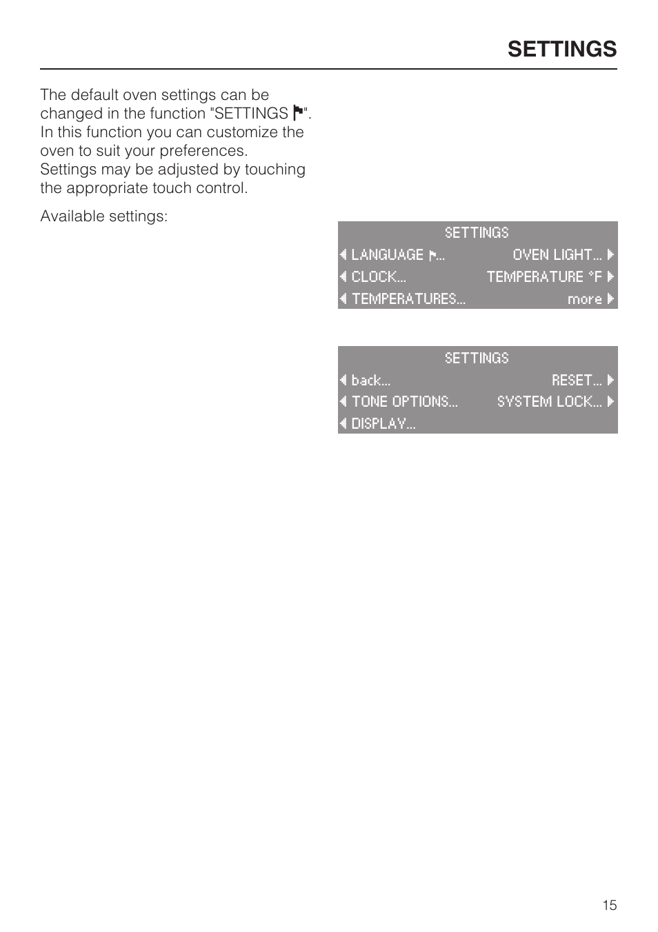 Settings 15, Settings | Miele H 4894 BP2 User Manual | Page 15 / 80