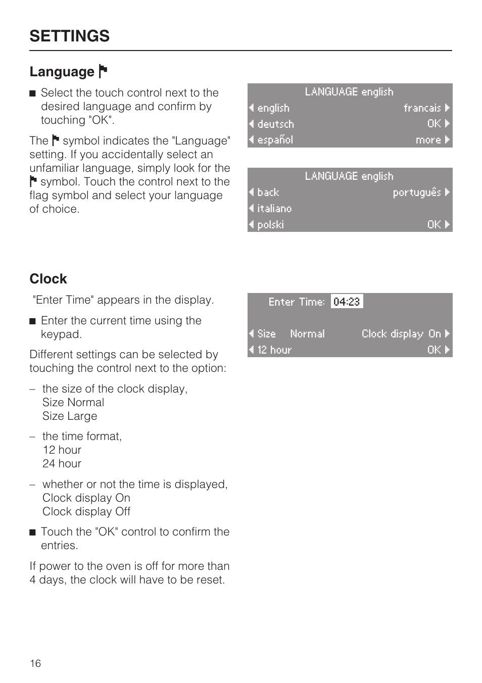 Language j 16, Clock 16, Settings | Language j, Clock | Miele H 4894 BP2 User Manual | Page 16 / 80