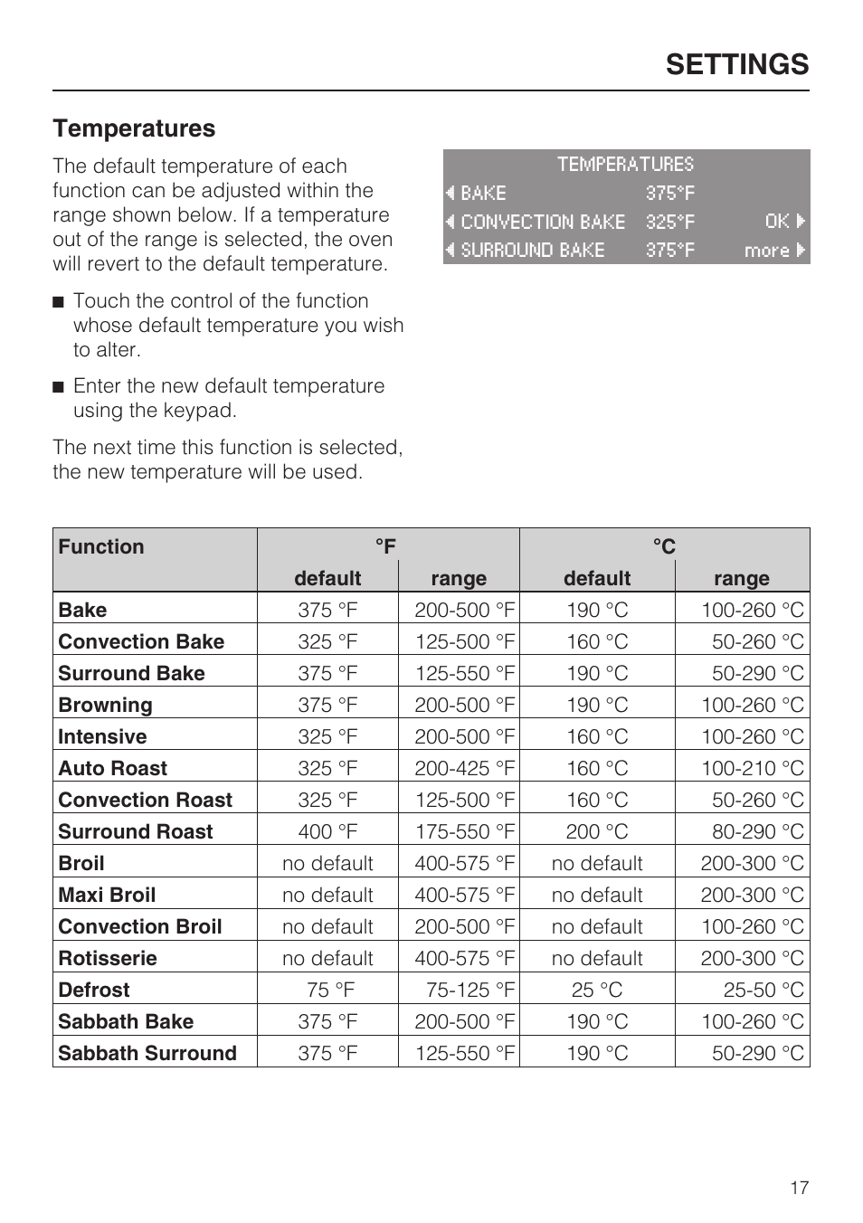 Temperatures 17, Settings, Temperatures | Miele H 4894 BP2 User Manual | Page 17 / 80