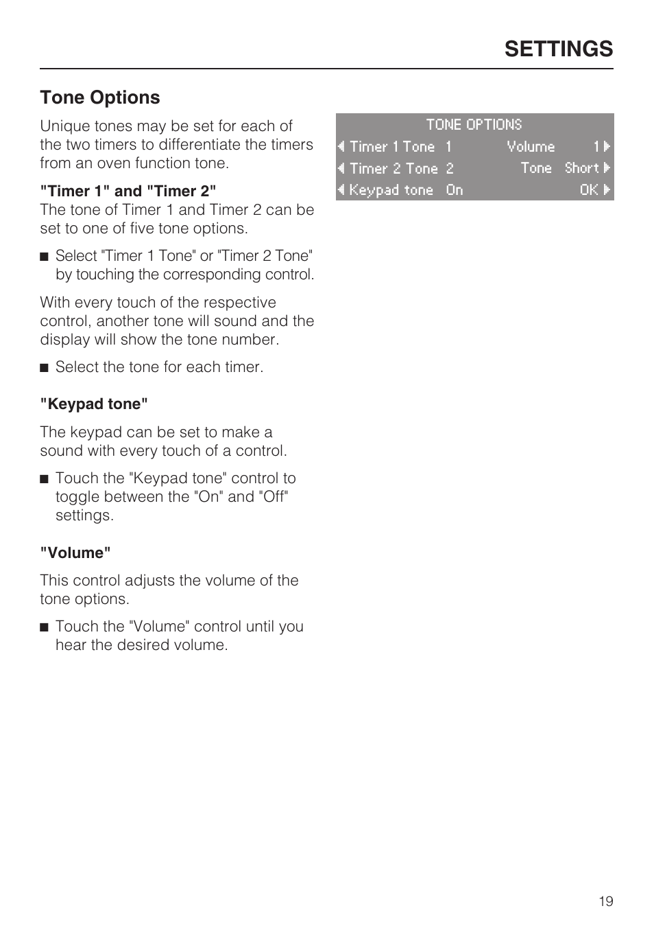 Tone options 19, Settings, Tone options | Miele H 4894 BP2 User Manual | Page 19 / 80