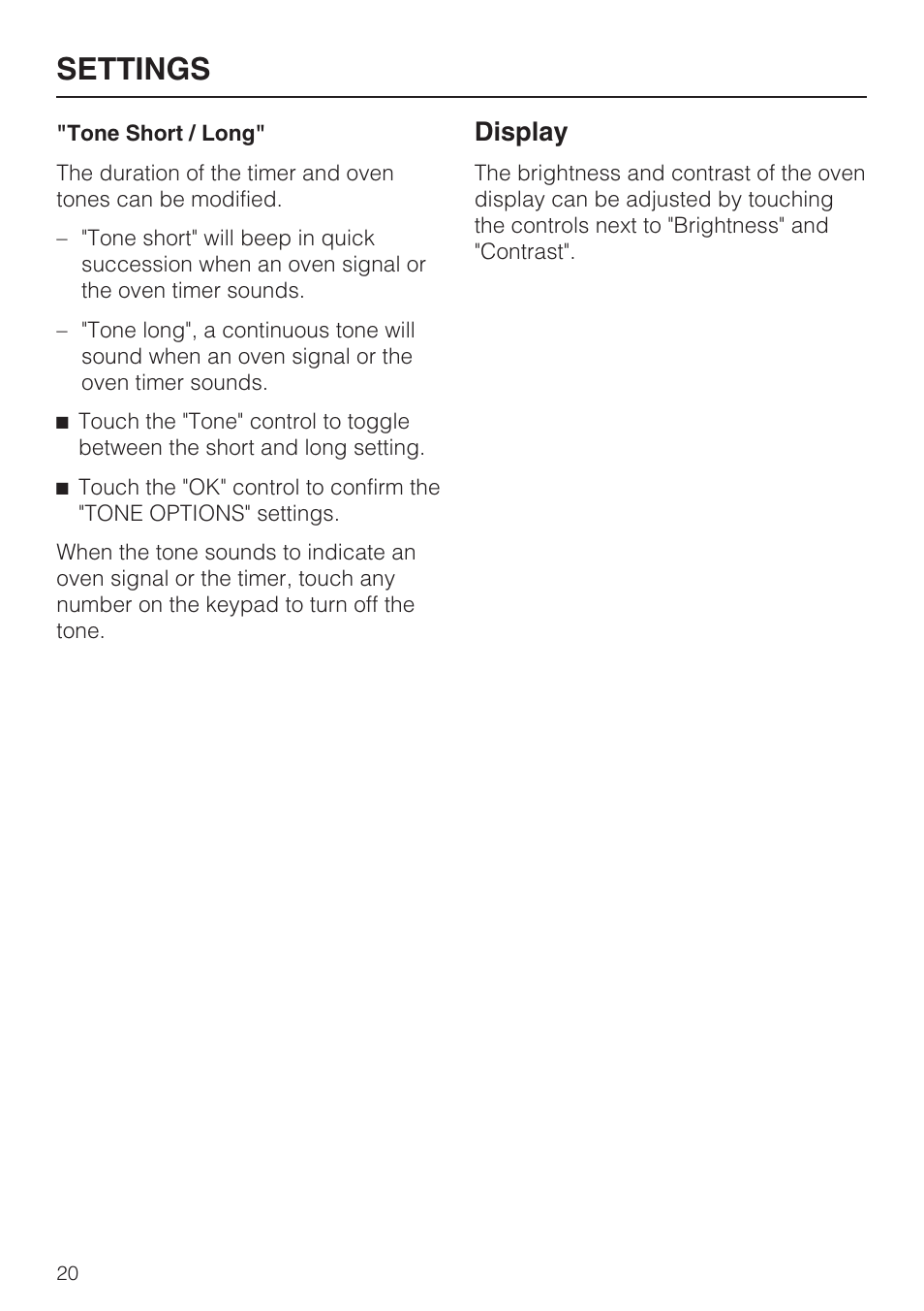Display 20, Settings, Display | Miele H 4894 BP2 User Manual | Page 20 / 80