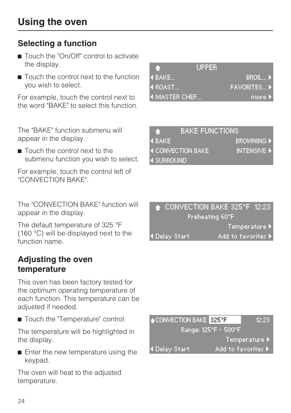 Using the oven 24, Selecting a function 24, Adjusting the oven temperature 24 | Using the oven, Selecting a function, Adjusting the oven temperature | Miele H 4894 BP2 User Manual | Page 24 / 80