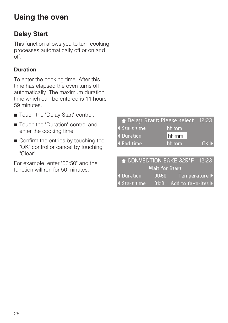 Delay start 26, Duration 26, Using the oven | Delay start | Miele H 4894 BP2 User Manual | Page 26 / 80