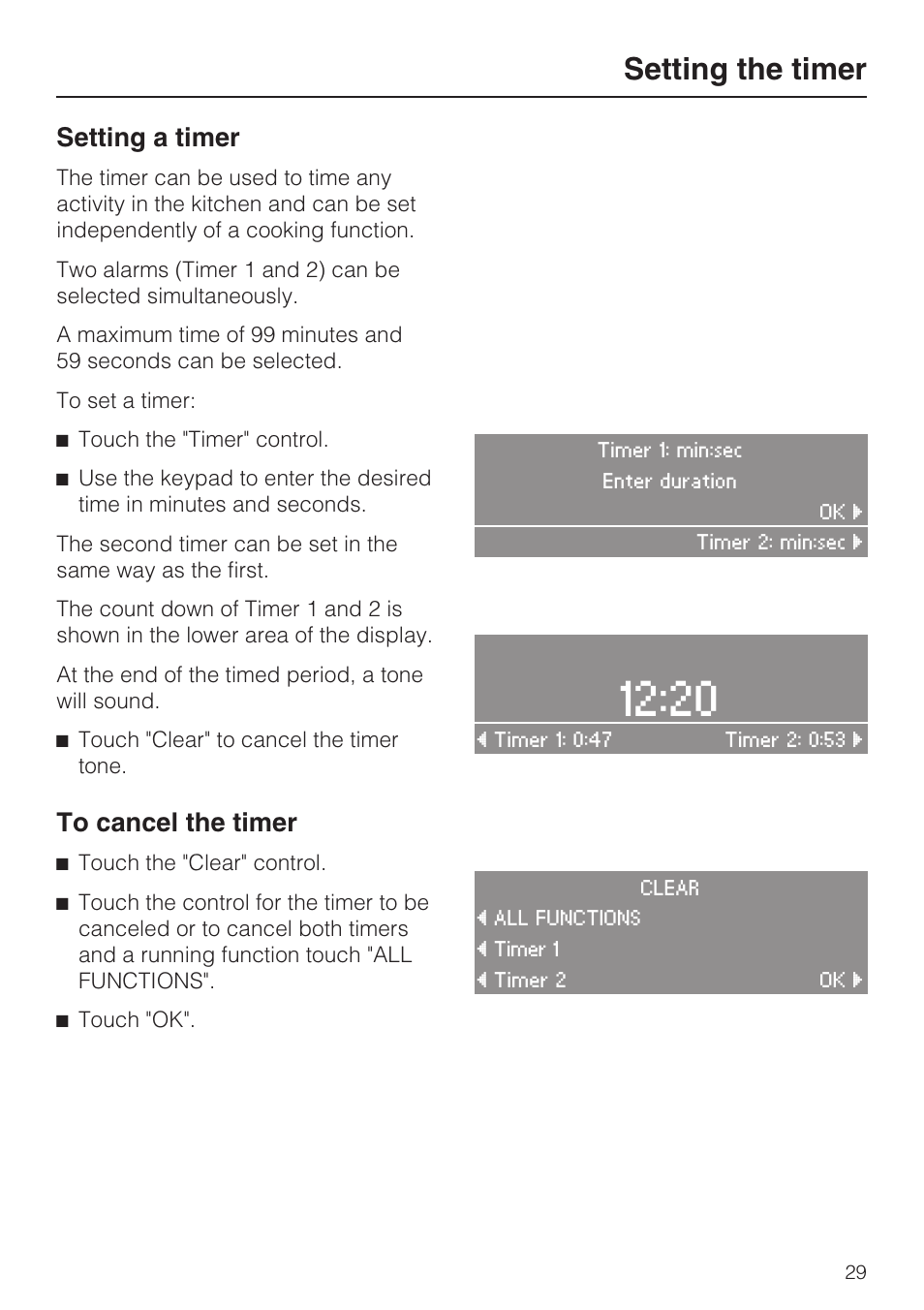 Setting the timer 29, Setting the timer, Setting a timer | Miele H 4894 BP2 User Manual | Page 29 / 80