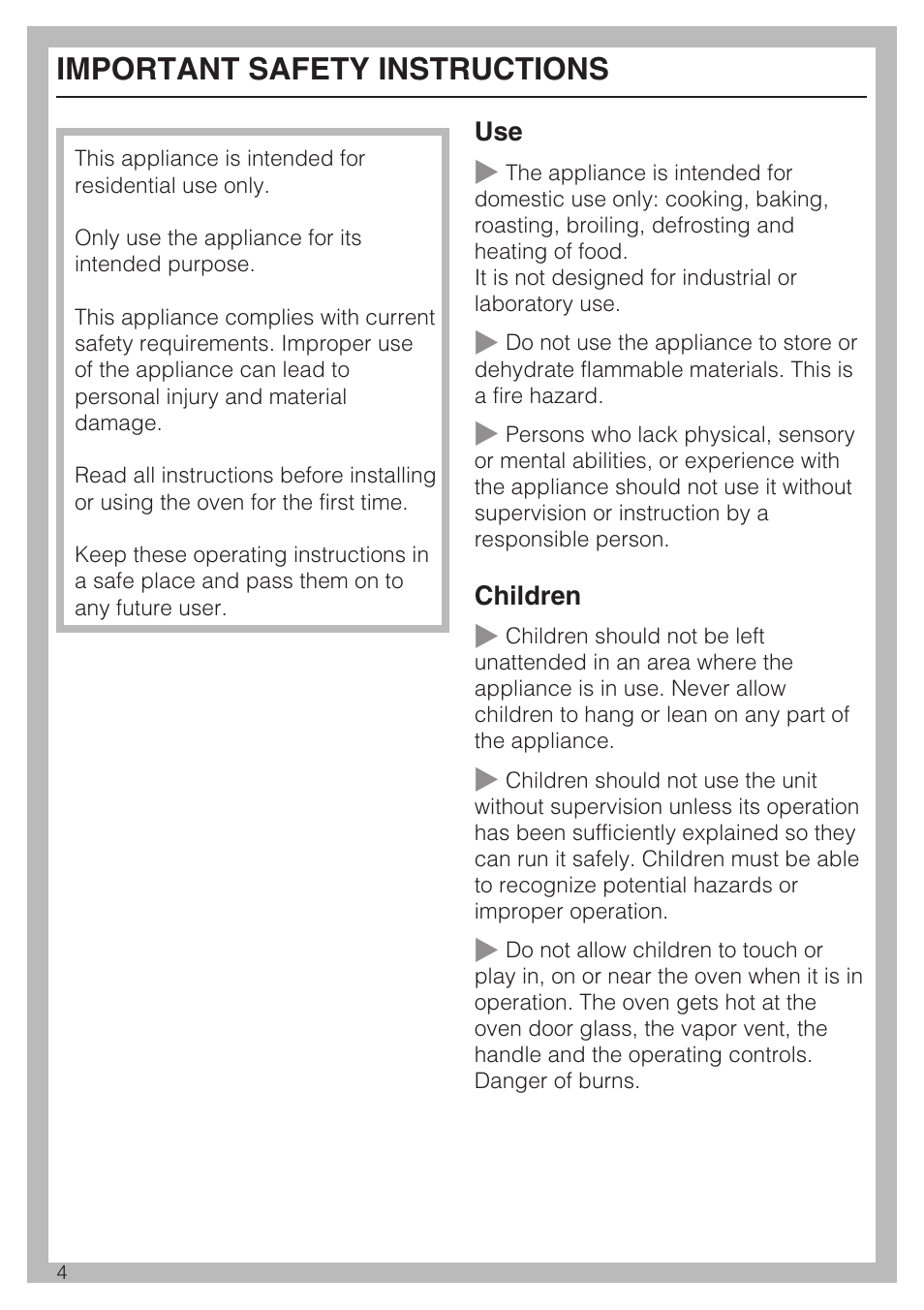 Important safety instructions 4, Important safety instructions | Miele H 4894 BP2 User Manual | Page 4 / 80