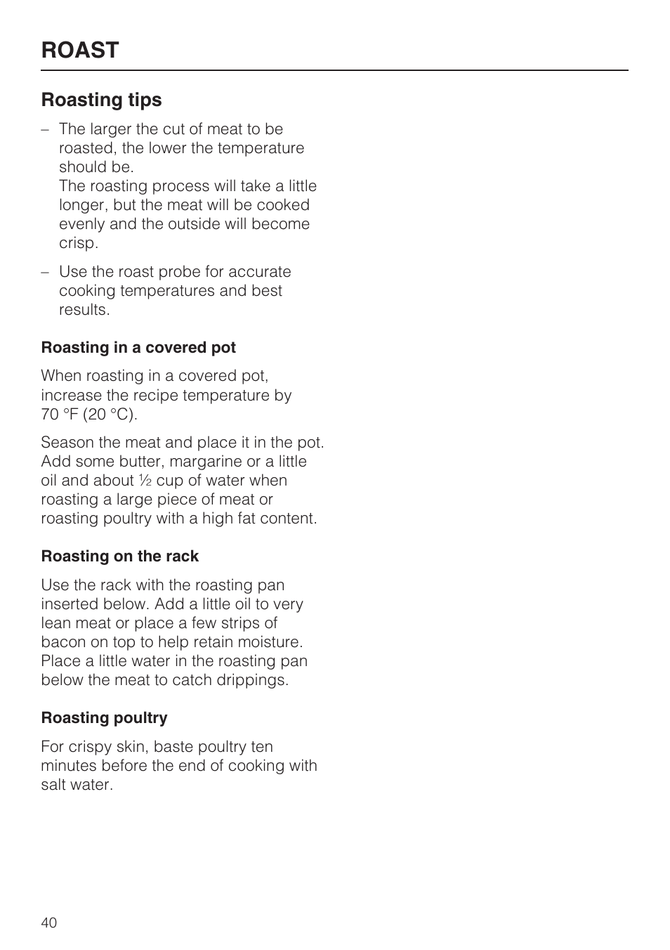 Roasting tips 40, Roast, Roasting tips | Miele H 4894 BP2 User Manual | Page 40 / 80