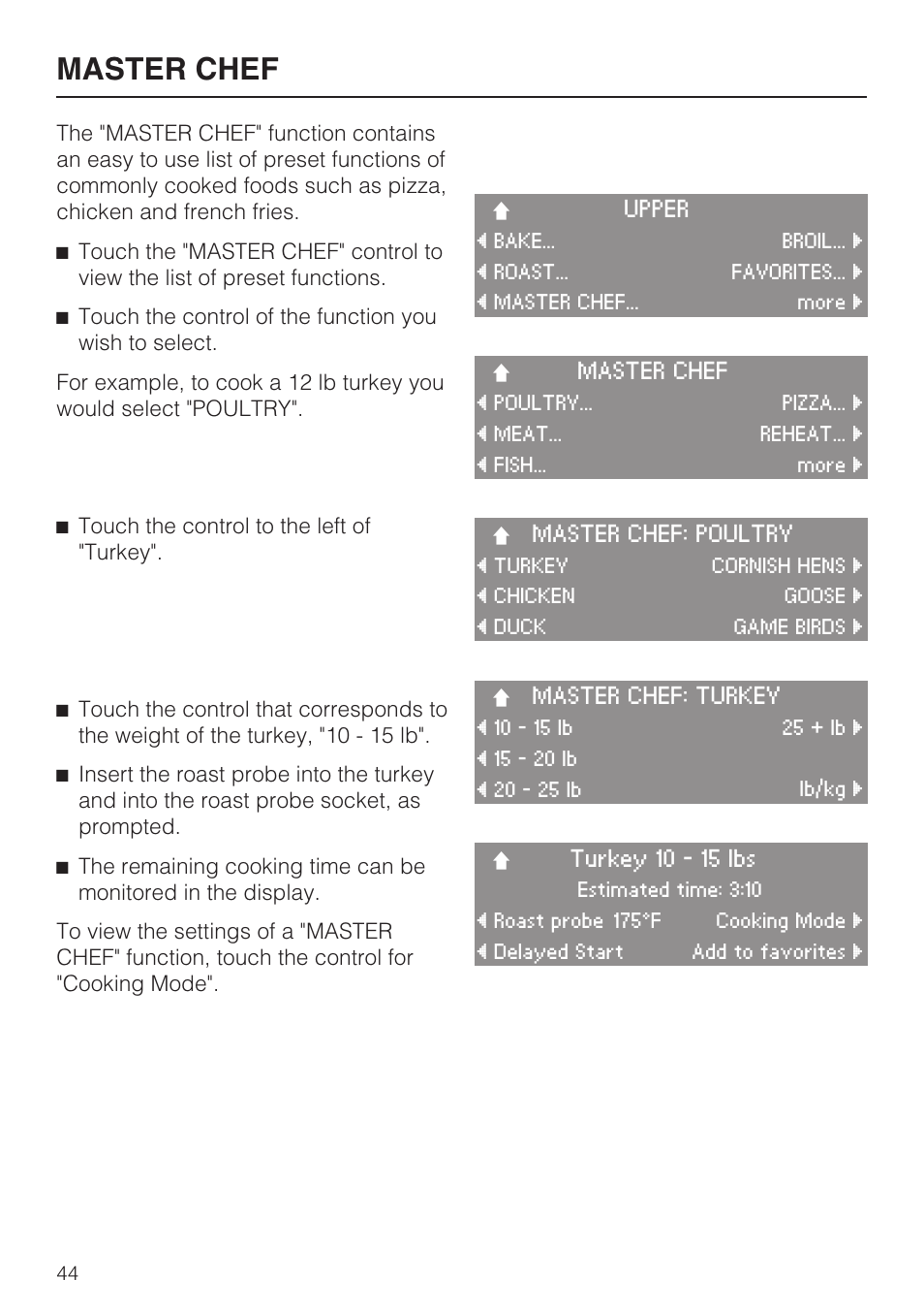 Master chef 44, Master chef | Miele H 4894 BP2 User Manual | Page 44 / 80