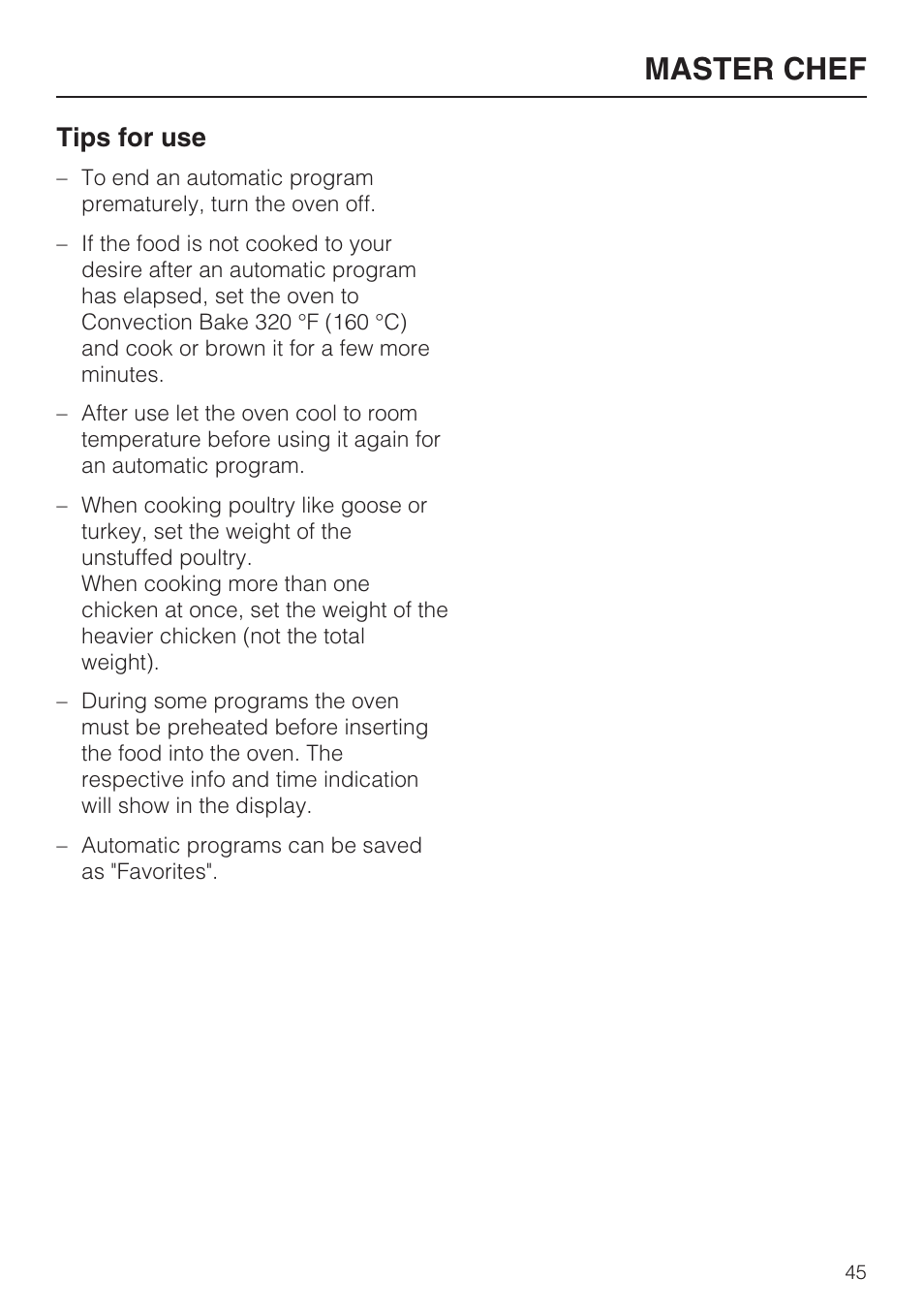 Master chef, Tips for use | Miele H 4894 BP2 User Manual | Page 45 / 80