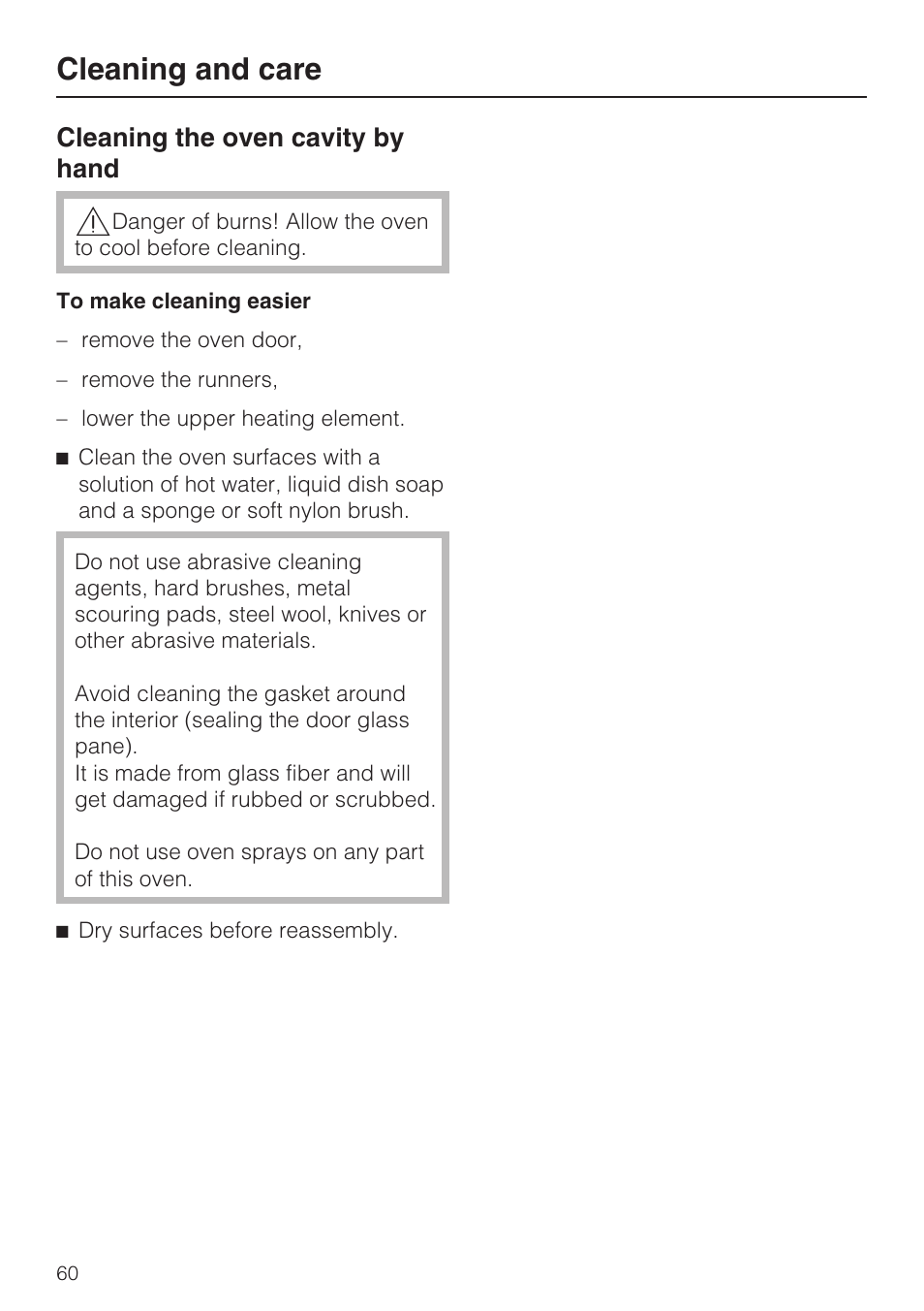 Cleaning and care, Cleaning the oven cavity by hand | Miele H 4894 BP2 User Manual | Page 60 / 80