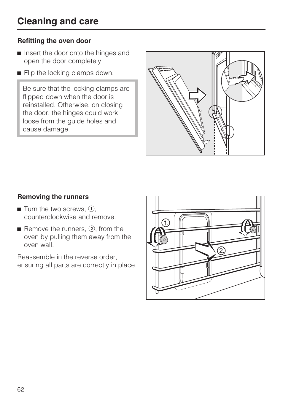 Removing the runners 62, Cleaning and care | Miele H 4894 BP2 User Manual | Page 62 / 80