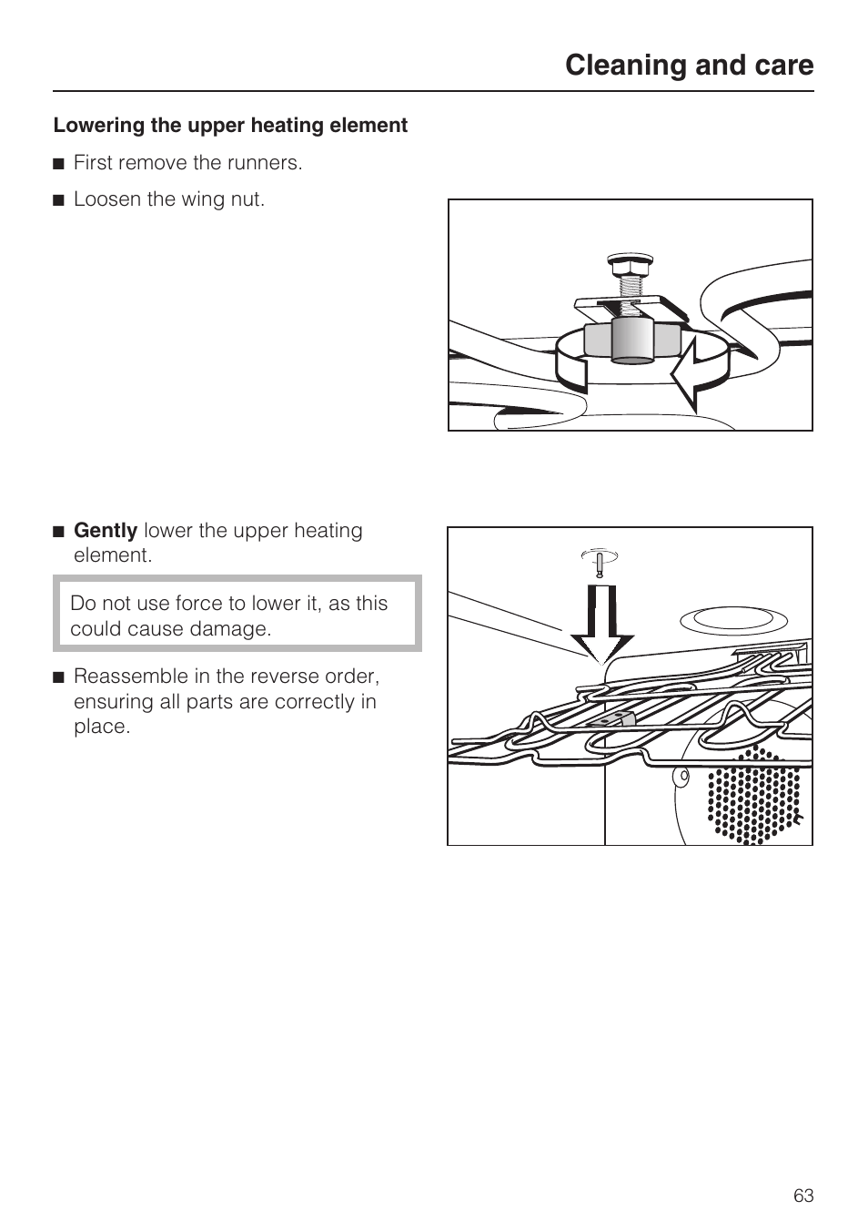 Lowering the upper heating element 63, Cleaning and care | Miele H 4894 BP2 User Manual | Page 63 / 80