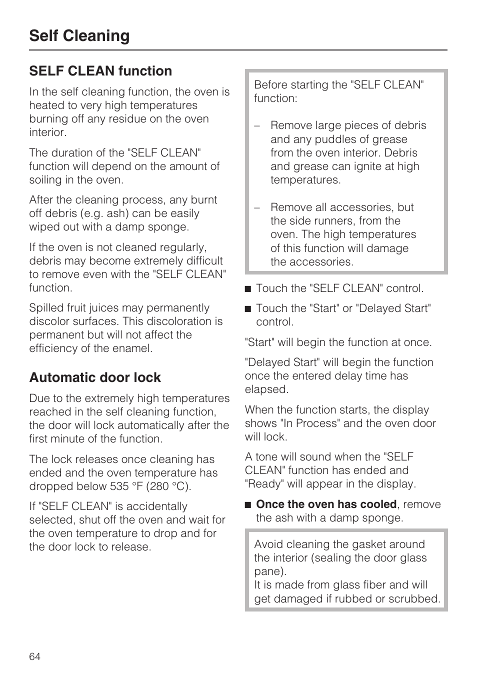 Self cleaning 64, Self cleaning, Self clean function | Automatic door lock | Miele H 4894 BP2 User Manual | Page 64 / 80