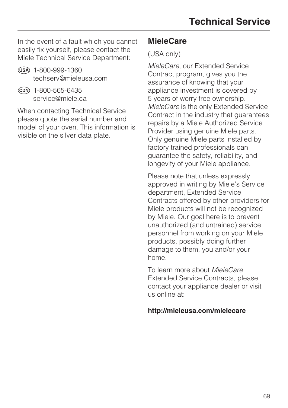 Technical service 69, Technical service, Mielecare | Miele H 4894 BP2 User Manual | Page 69 / 80
