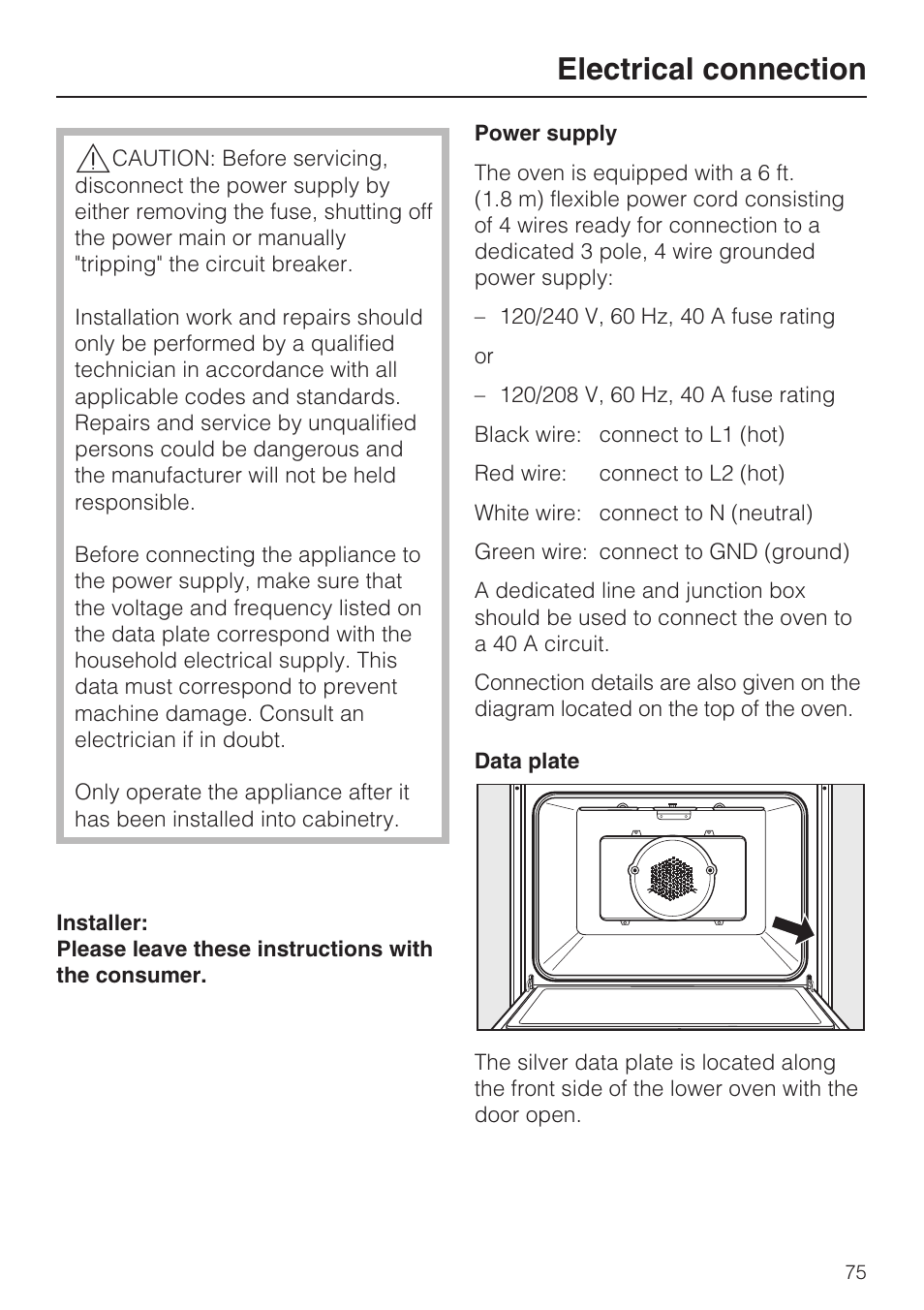 Electrical connection 75, Electrical connection | Miele H 4894 BP2 User Manual | Page 75 / 80