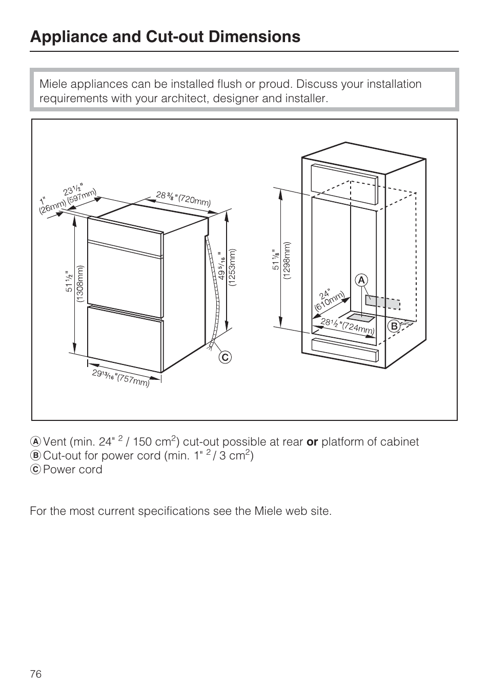 Appliance and cut-out dimensions 76, Appliance and cut-out dimensions | Miele H 4894 BP2 User Manual | Page 76 / 80