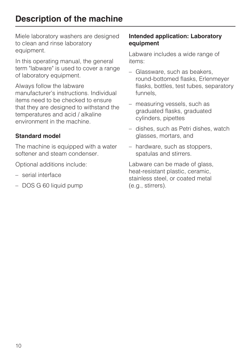 Description of the machine 10, Description of the machine | Miele Laboratory Glassware Washer G 7883 User Manual | Page 10 / 72