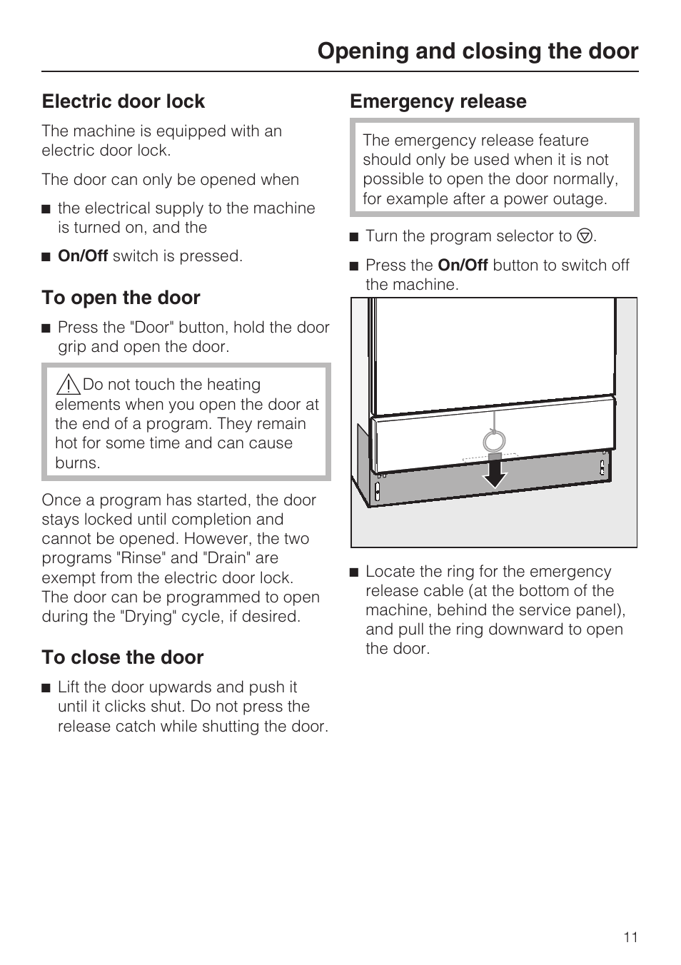 Opening and closing the door 11, Opening and closing the door, Electric door lock | Emergency release | Miele Laboratory Glassware Washer G 7883 User Manual | Page 11 / 72