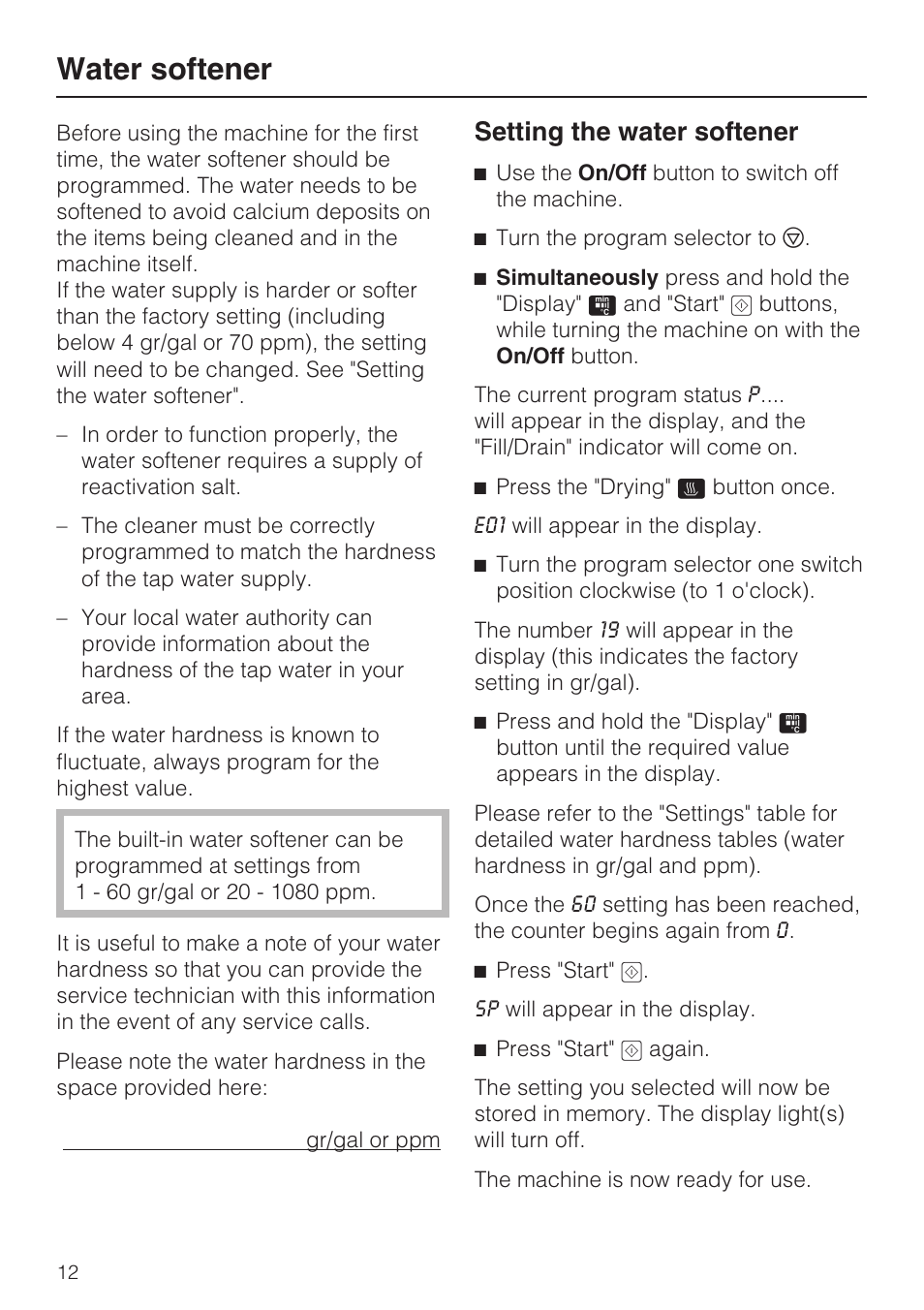 Water softener 12, Setting the water softener 12, Water softener | Setting the water softener | Miele Laboratory Glassware Washer G 7883 User Manual | Page 12 / 72