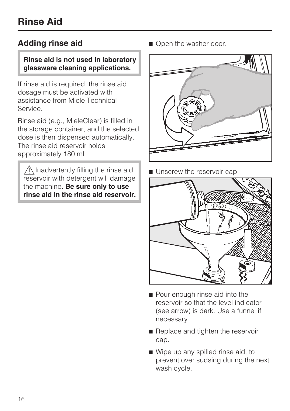 Rinse aid 16, Rinse aid, Adding rinse aid | Miele Laboratory Glassware Washer G 7883 User Manual | Page 16 / 72