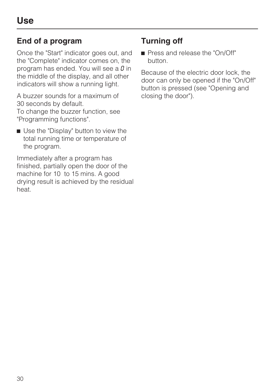 End of a program 30, Turning off 30, End of a program | Turning off | Miele Laboratory Glassware Washer G 7883 User Manual | Page 30 / 72