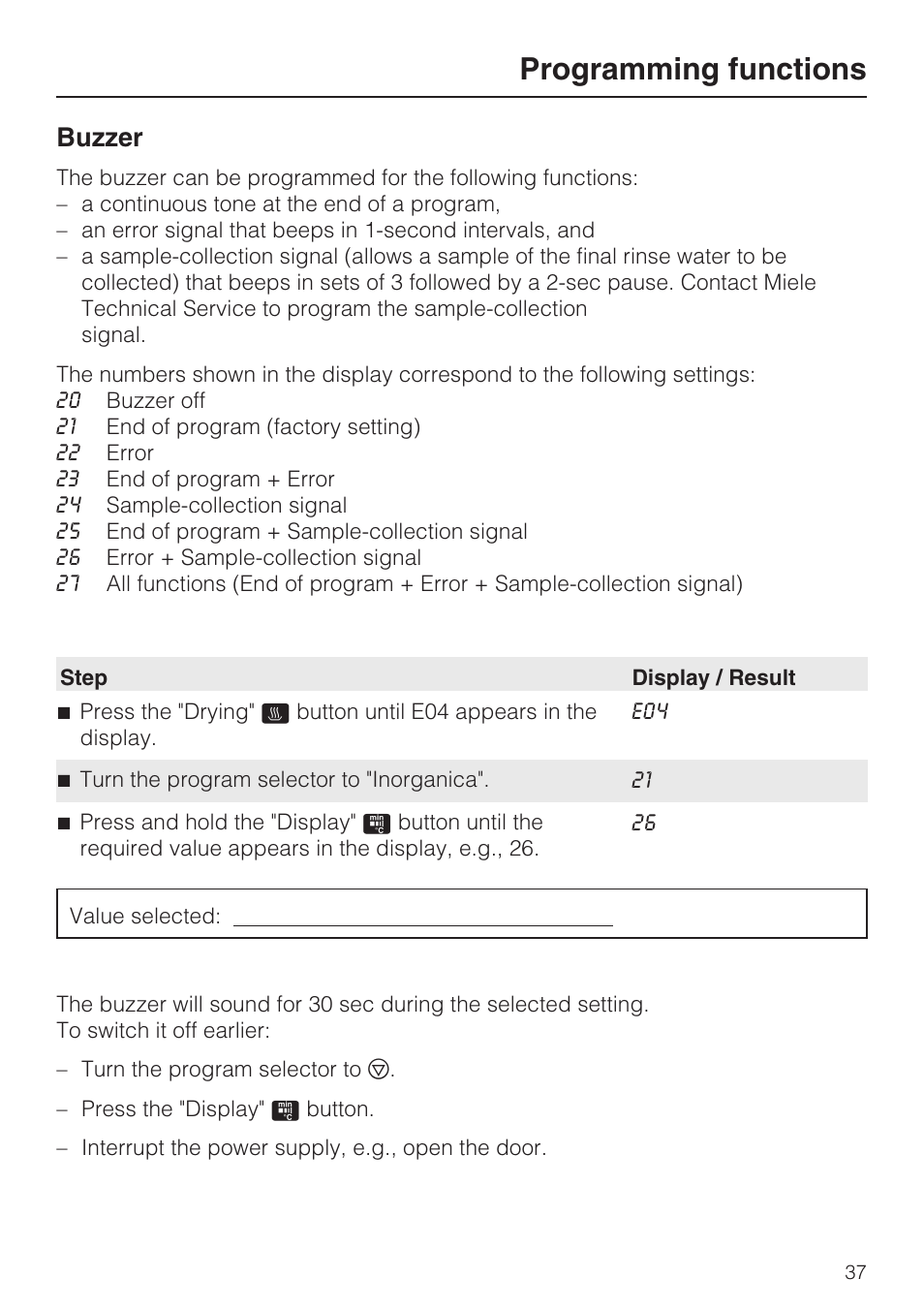 Buzzer 37, Programming functions, Buzzer | Miele Laboratory Glassware Washer G 7883 User Manual | Page 37 / 72