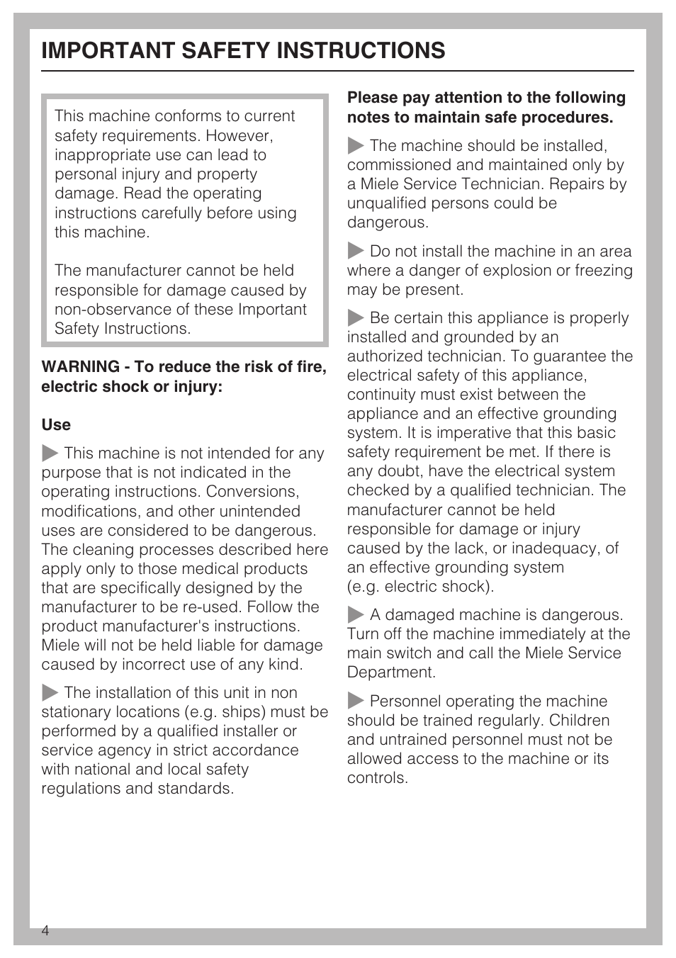 Important safety instructions 4, Important safety instructions | Miele Laboratory Glassware Washer G 7883 User Manual | Page 4 / 72