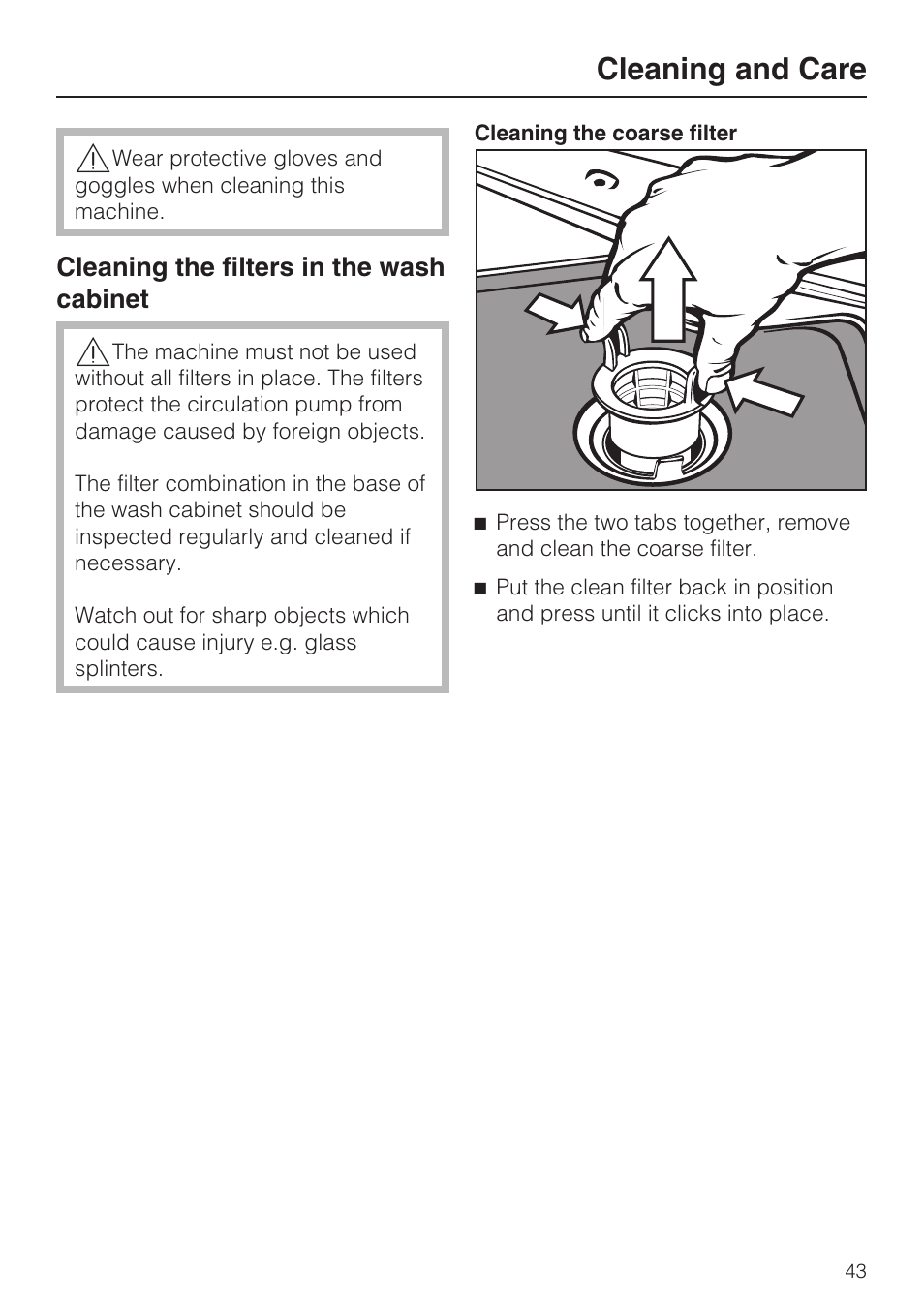 Cleaning and care 43, Cleaning and care | Miele Laboratory Glassware Washer G 7883 User Manual | Page 43 / 72