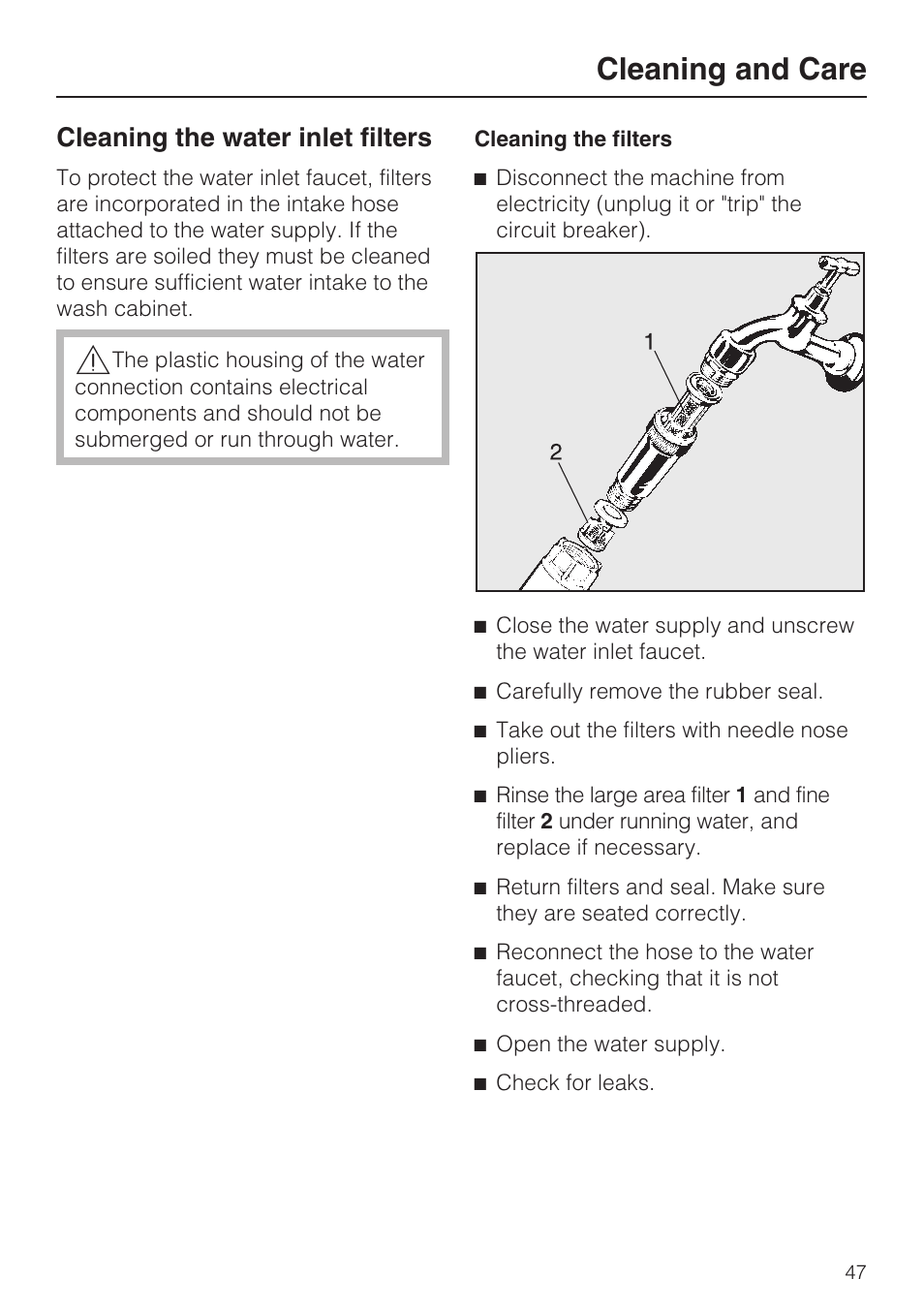 Cleaning and care, Cleaning the water inlet filters | Miele Laboratory Glassware Washer G 7883 User Manual | Page 47 / 72