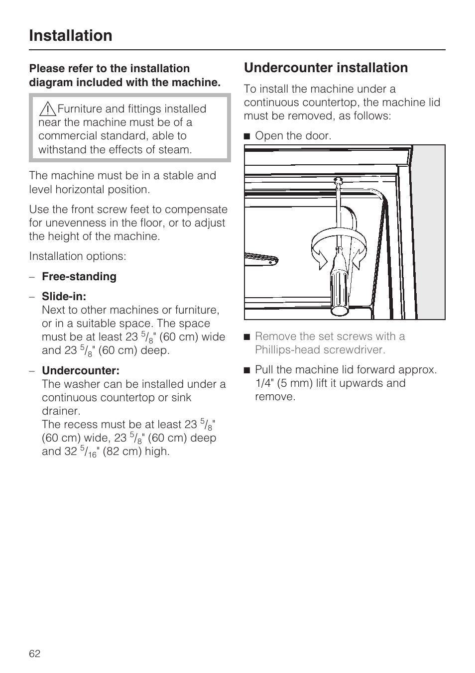 Installation 62, Installation, Undercounter installation | Miele Laboratory Glassware Washer G 7883 User Manual | Page 62 / 72