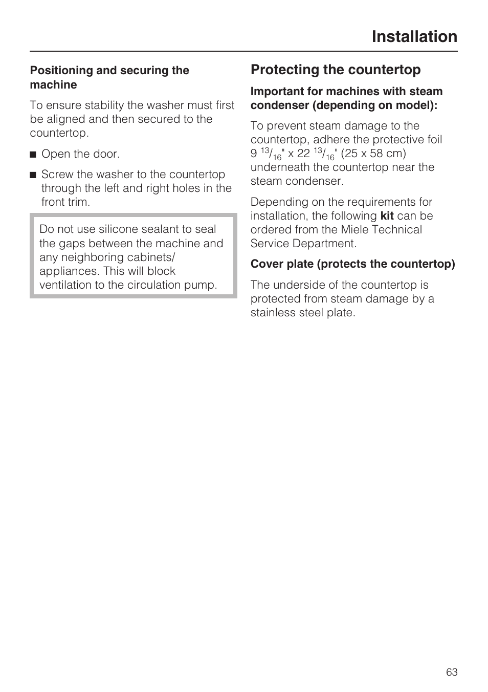 Installation, Protecting the countertop | Miele Laboratory Glassware Washer G 7883 User Manual | Page 63 / 72