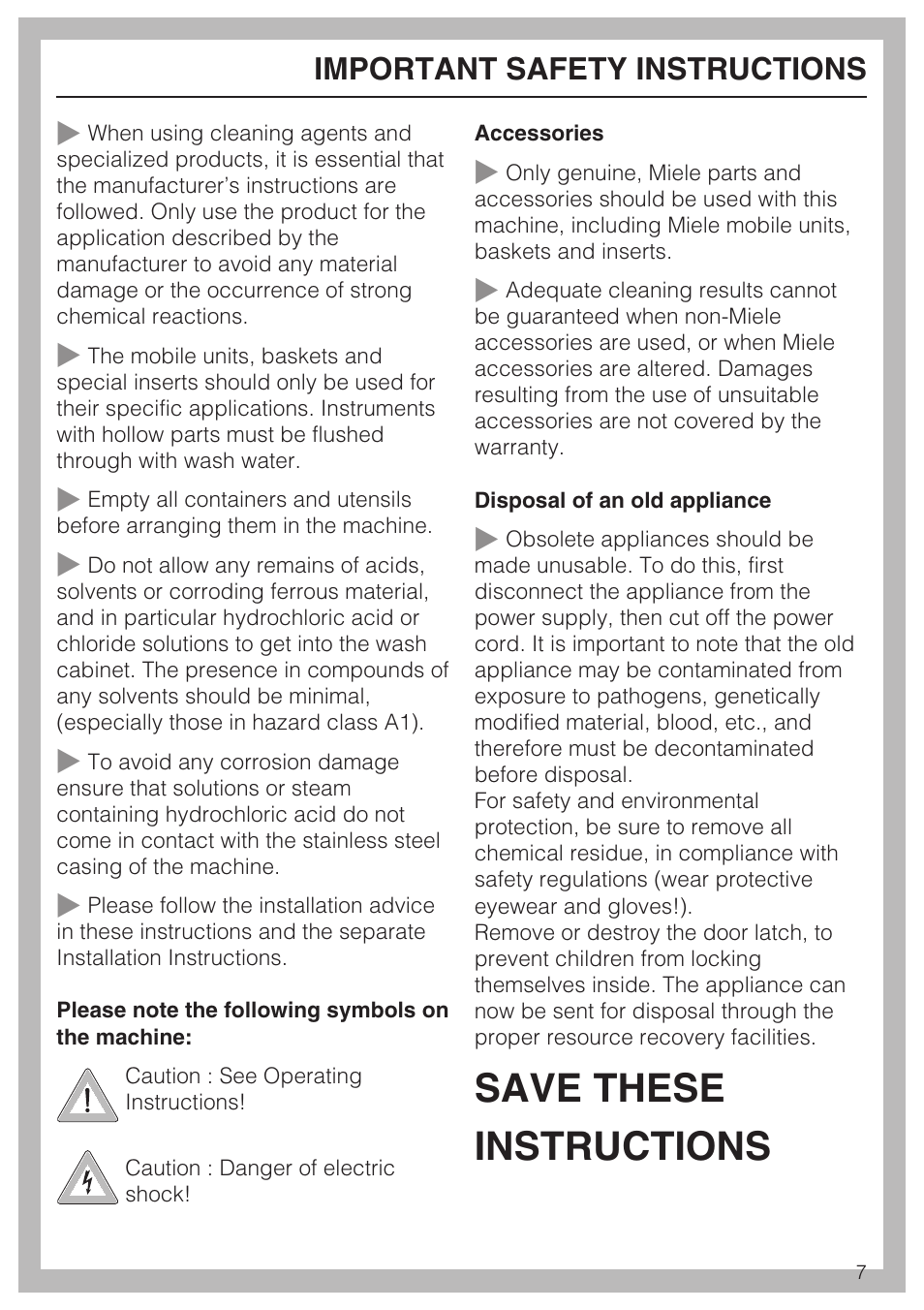 Save these instructions, Important safety instructions | Miele Laboratory Glassware Washer G 7883 User Manual | Page 7 / 72