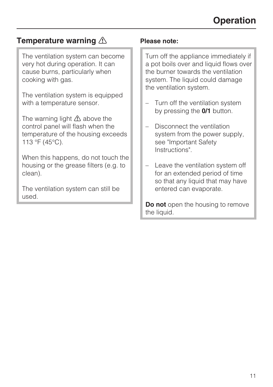 Temperature warning § 11, Operation, Temperature warning | Miele DAG 1000 User Manual | Page 11 / 40