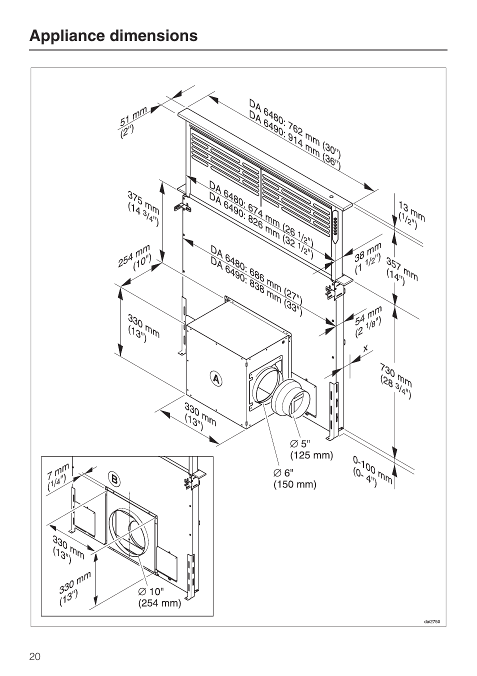 Appliance dimensions 20, Appliance dimensions | Miele DAG 1000 User Manual | Page 20 / 40