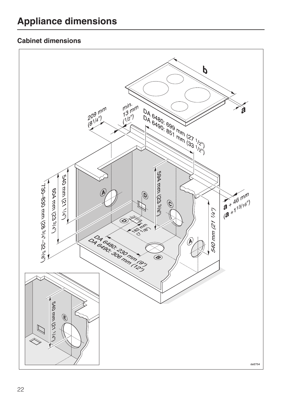 Appliance dimensions | Miele DAG 1000 User Manual | Page 22 / 40