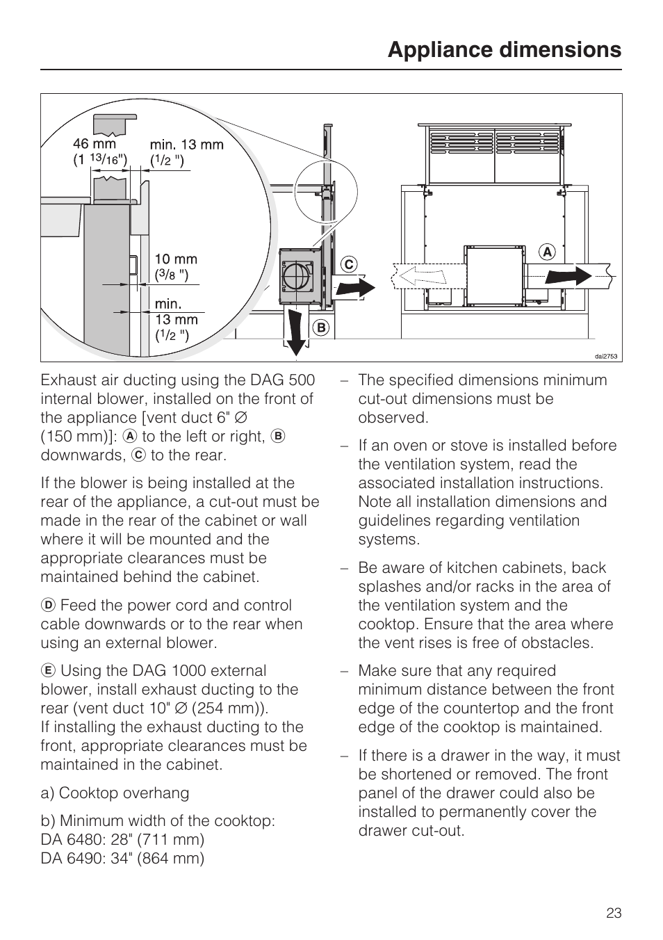 Appliance dimensions | Miele DAG 1000 User Manual | Page 23 / 40