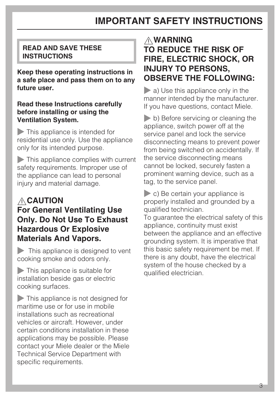 Important safety instructions 3, Important safety instructions | Miele DAG 1000 User Manual | Page 3 / 40