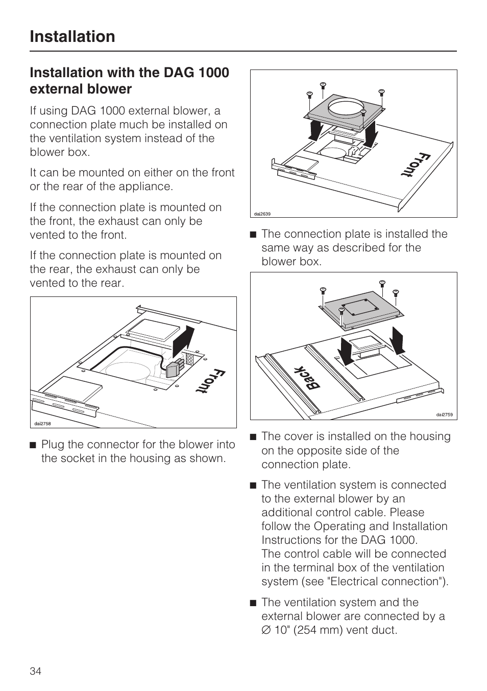 Installation with the dag 1000 external blower 34, Installation, Installation with the dag 1000 external blower | Miele DAG 1000 User Manual | Page 34 / 40