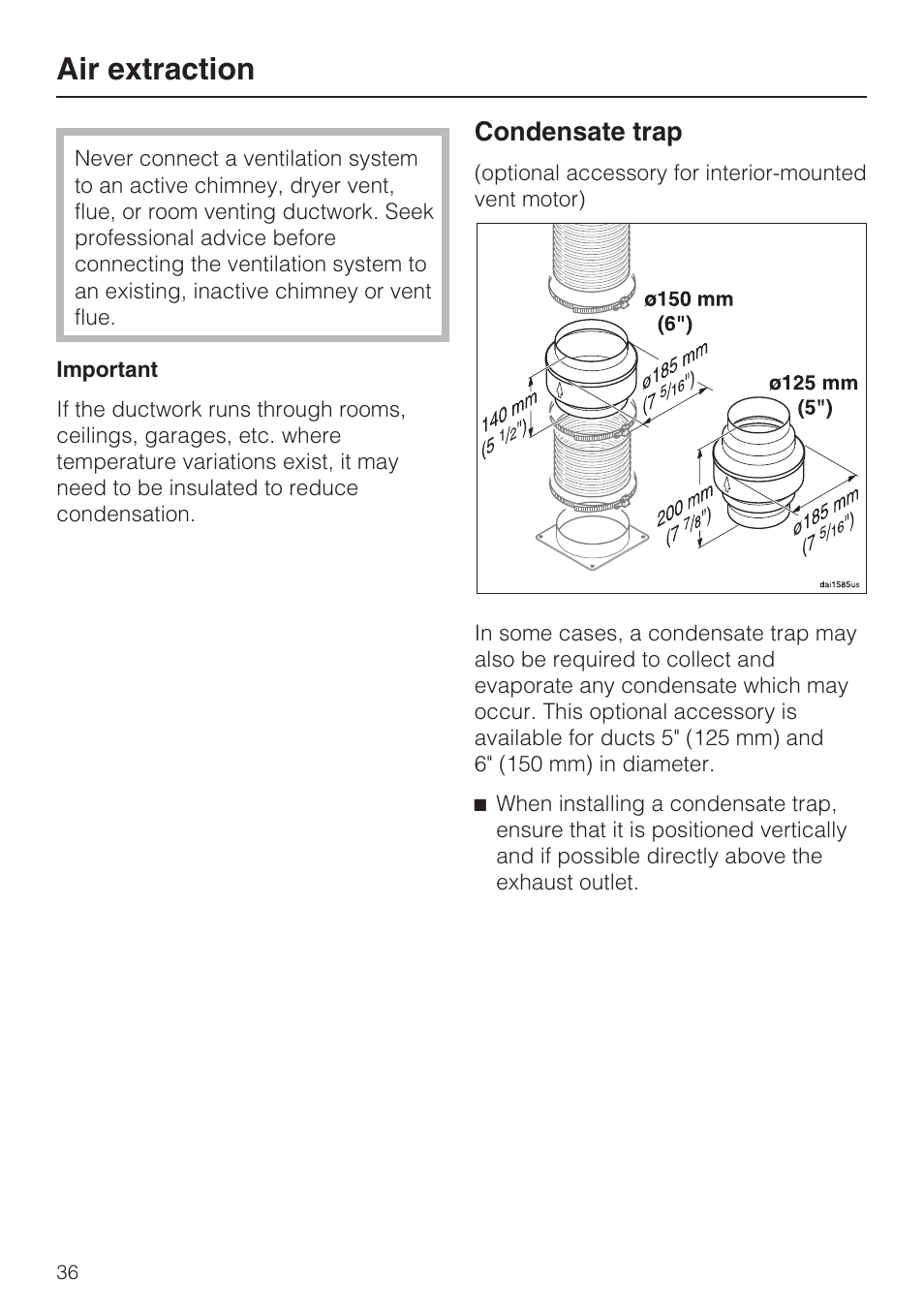 Air extraction, Condensate trap | Miele DAG 1000 User Manual | Page 36 / 40