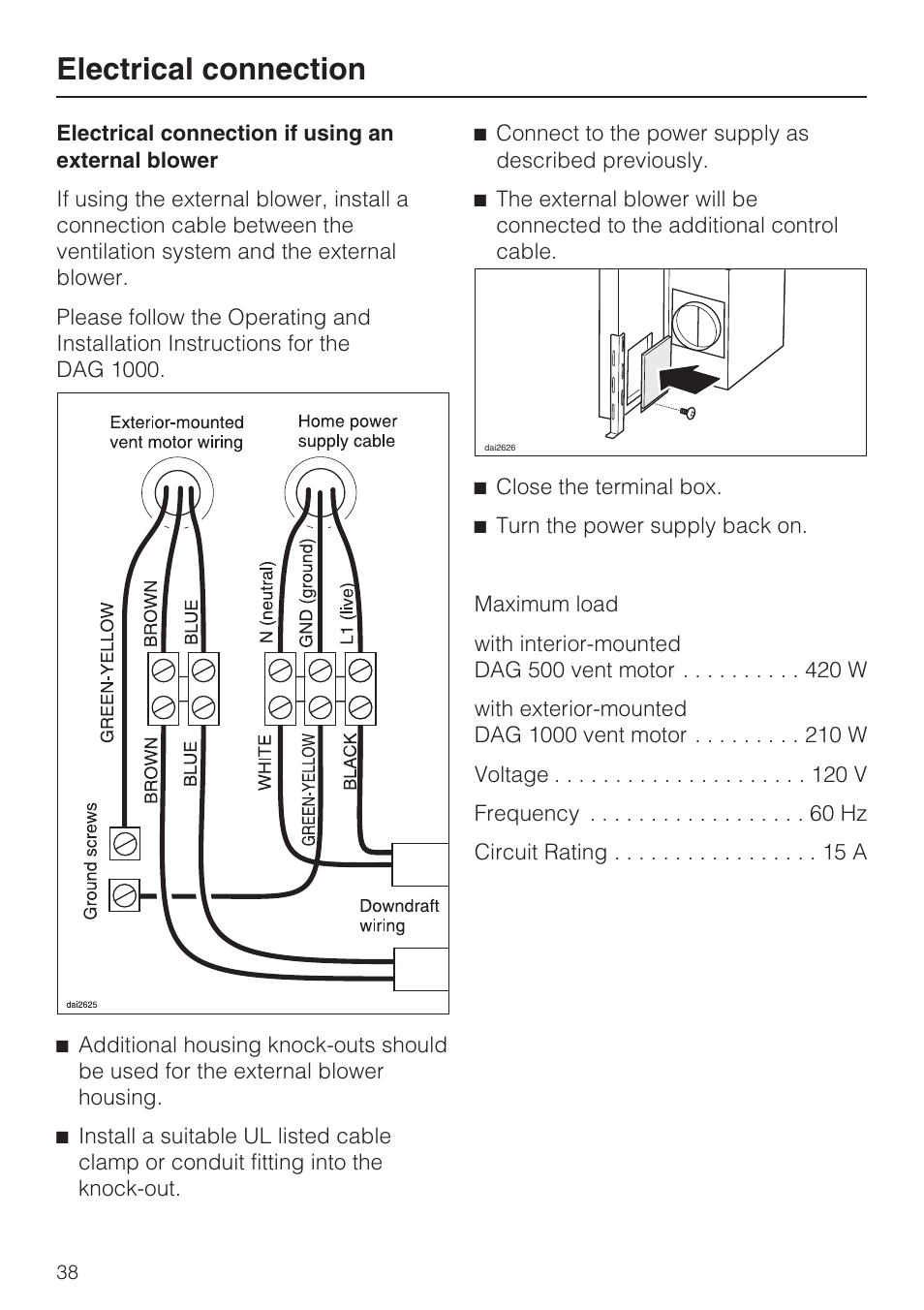 Electrical connection | Miele DAG 1000 User Manual | Page 38 / 40