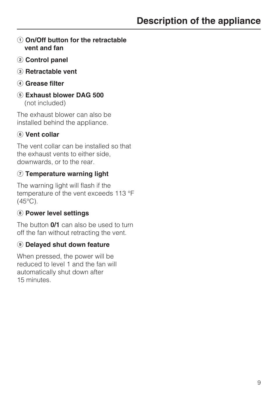 Description of the appliance | Miele DAG 1000 User Manual | Page 9 / 40